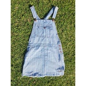 American Eagle Women's Skirtall Ripped Overalls Skirt Blue Stripes Denim Large